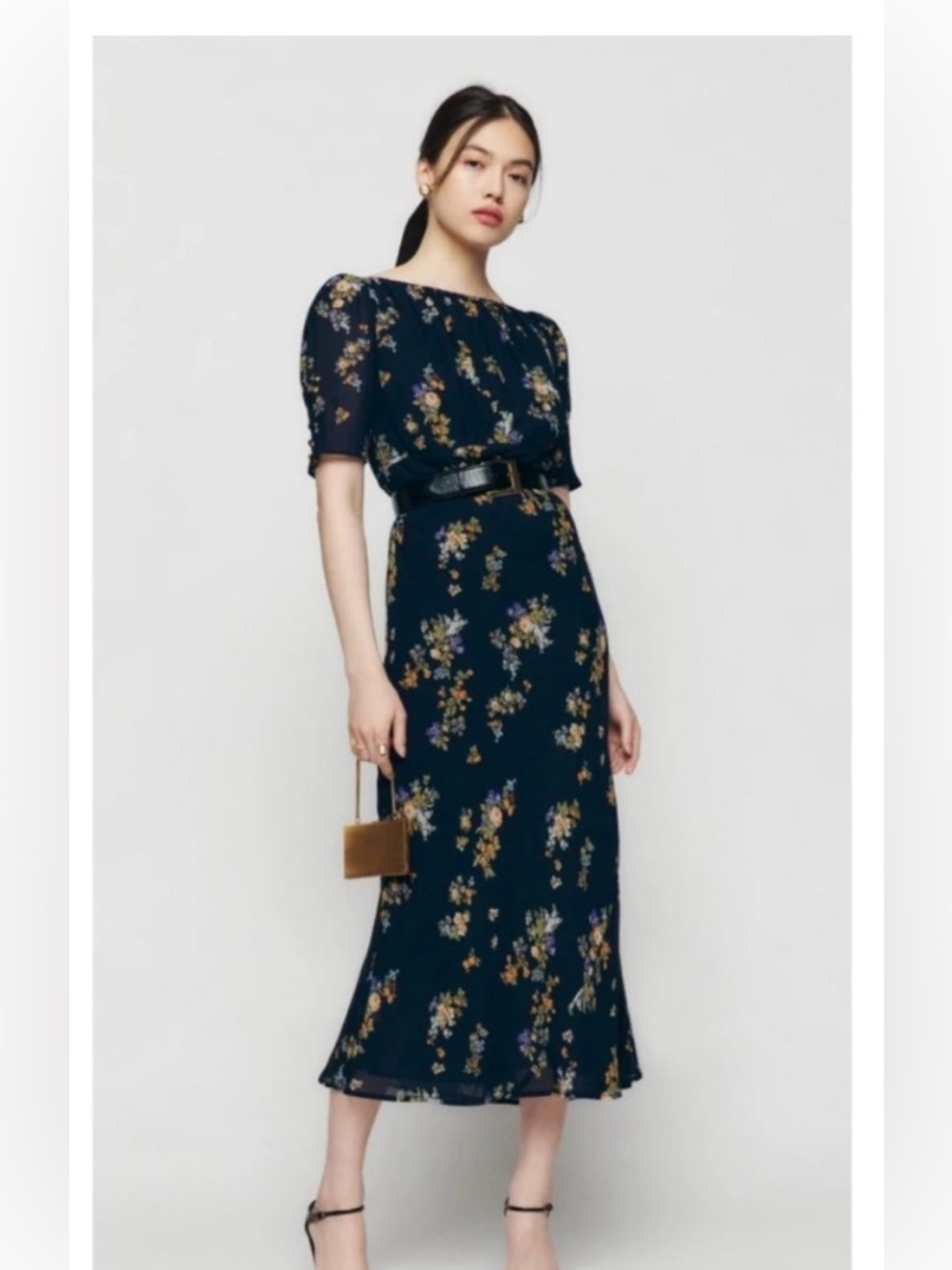 Reformation blue Midi Dress with Yellow Floral Print